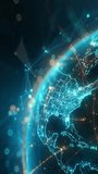 Futuristic digital globe of Earth with glowing data points network connections on a dark background. Worldwide links on planet earth at night. Concept of World communication technology. 3d animation

This premium 4K vertical motion graphics video features a futuristic 3D holographic digital globe with a detailed macro focus on the European continent. Rendered in a high-end sci-fi aesthetic, the earth glows with vibrant cyan and blue network grids, interconnected plexus nodes, and orange data streams tracking across international borders. Glowing HUD interface elements, digital data tags, and a shallow depth of field with beautiful bokeh particles create a highly sophisticated, multi-layered visual experience.

Ideal for visualizing cloud computing, blockchain architecture, 5G or 6G networks, global internet connectivity, and big data transfer.
 - Powered by Shutterstock - Get 15% off with code: PIKWIZARD15