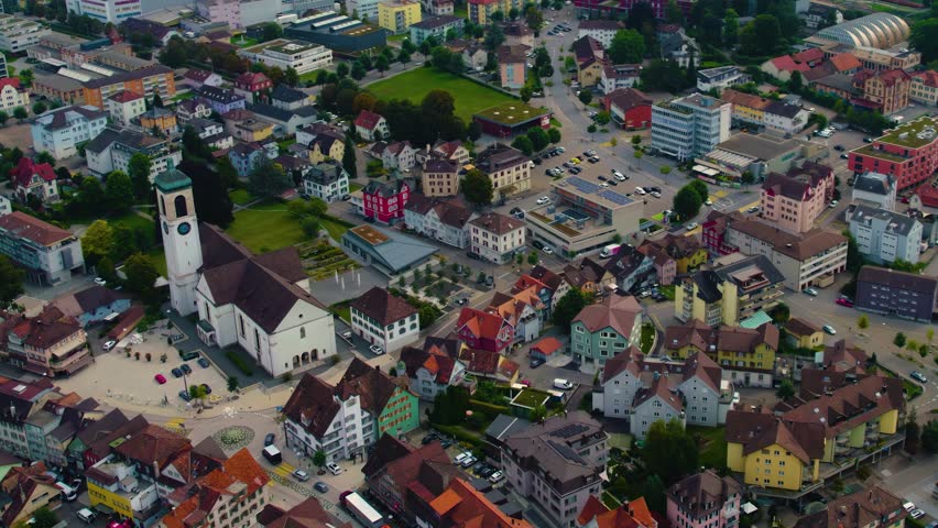 Aerial view around the city Gossau in Switzerland on a overcast day in summer.