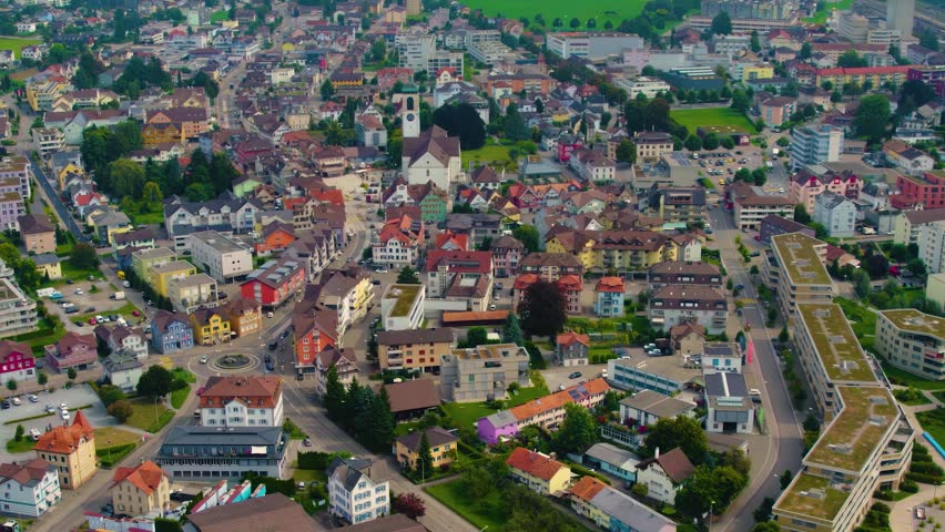 Aerial view around the city Gossau in Switzerland on a overcast day in summer.