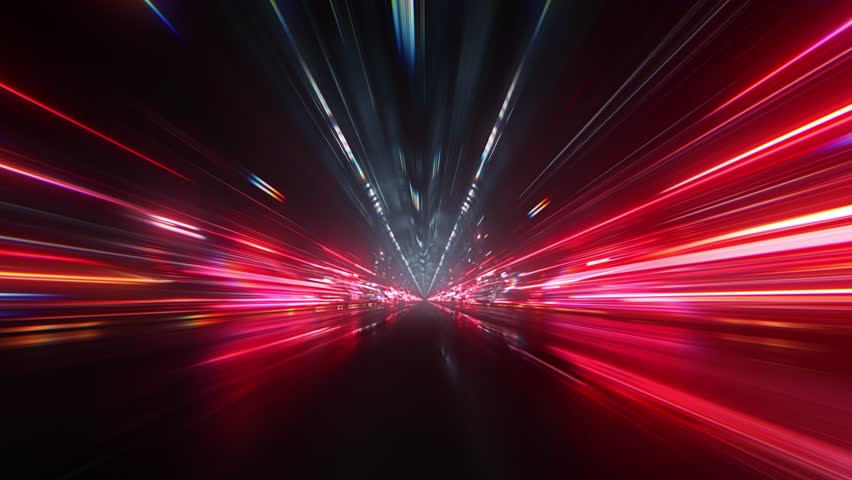 Abstract high speed light trails seamless loop, neon red motion blur background, futuristic technology data transfer, cyberpunk velocity tunnel, glowing streaks, VJ loop, energy fast time-lapse.

This high-quality seamless loop footage features dynamic abstract light trails moving at high speed through a dark futuristic tunnel. The vibrant red and white neon streaks create a powerful sense of velocity and acceleration, making it an ideal motion background for projects related to technology, fiber optics, data transfer, and digital communications. The cinematic cyberpunk aesthetic is perfect for VJ loops, concert backgrounds, high-energy sports videos, and modern corporate presentations. With its central vanishing point, the composition provides a perfect frame for text overlays or logos. Whether you are illustrating internet speed, futuristic transportation, or a journey through a digital void, this 4K motion graphics element delivers professional visual impact. The loop is perfectly timed for endless playback, ensuring a smooth transition for long-form video content and live streaming backgrounds.