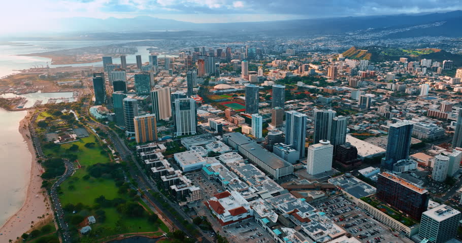 Scenic view of picturesque Honolulu, Hawaii, USA. Dense urban landscape of modern city from aerial view.