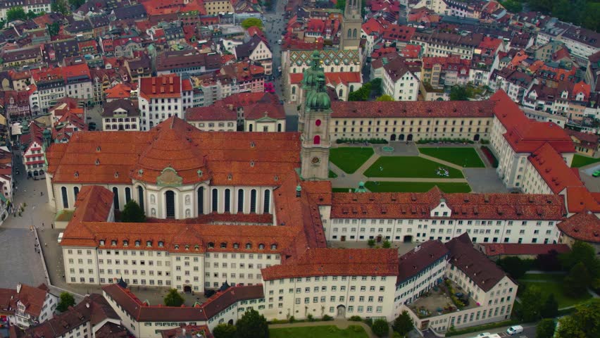 Aerial panorama view beside the old town of the city St Gallen
 in Switzerland on a cloudy day in summer.