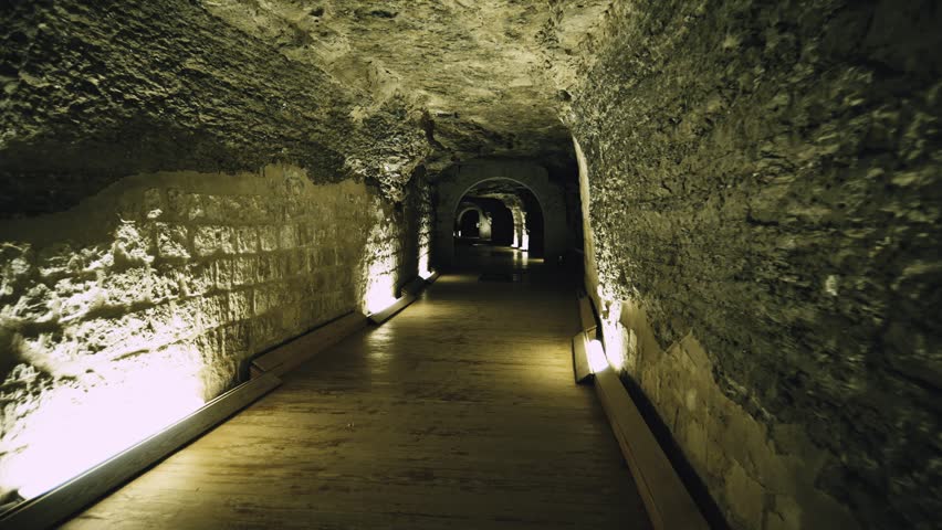 Saqqara, Egypt - 12 February, 2026: Dark underground corridor with stone arches leading to massive granite sarcophagus inside Serapeum of Saqqara, Egypt, dramatic warm lighting on ancient rock-cut tunnel walls.