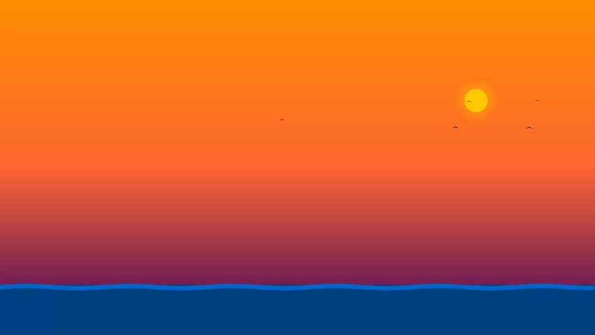 A peaceful sunset scene over a calm ocean with a vibrant gradient sky transitioning from orange to purple.