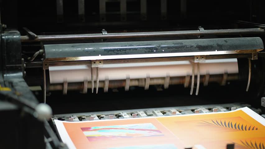 Offset printing machine working in a print factory