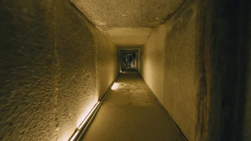 Bare limestone interior burial chamber inside pyramid of Teti at Saqqara necropolis, Egypt, narrow corbelled ceiling passage leading to dark empty sarcophagus room.