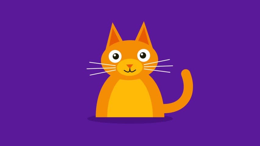 Animated orange cartoon cat sitting on a vibrant purple background, cute minimal vector illustration