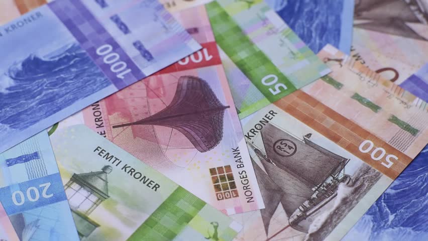 Money, currency of Norway, Norwegian krone banknotes of various denominations. Norway, Norwegian money as a financial background for your design