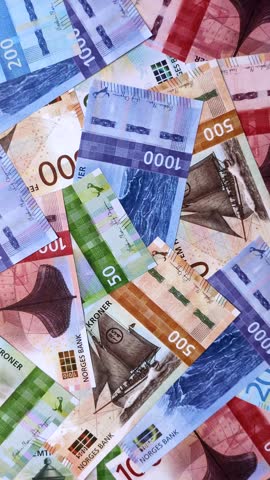 Money, currency of Norway, Norwegian krone banknotes of various denominations. Norway, Norwegian money as a financial background for your design