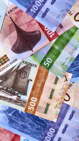 Money, currency of Norway, Norwegian krone banknotes of various denominations. Norway, Norwegian money as a financial background for your design