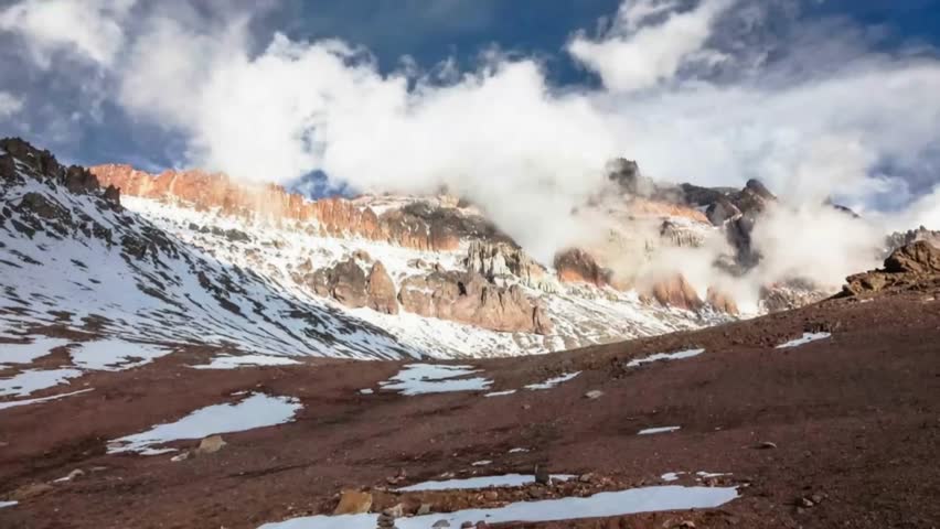 Aconcagua, a mountain in the Andes Mountains between Chile and Argentina. Time lapse in vertical video