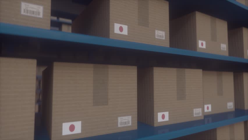 Cardboard Boxes With Japanese Labels Stored on Industrial Warehouse Shelves