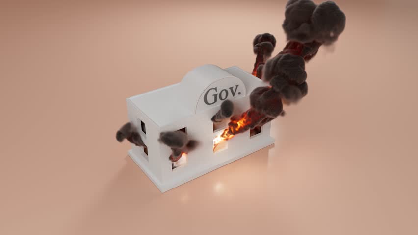 White government building with dome labeled Gov burning with dark smoke billowing outward dramatically.