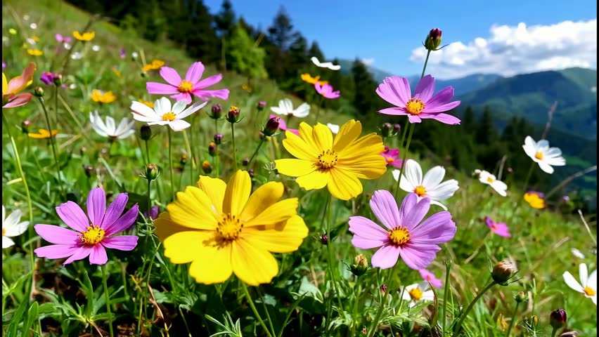 Colorful Wildflowers Blooming in Mountain Meadow Under Blue Sky
