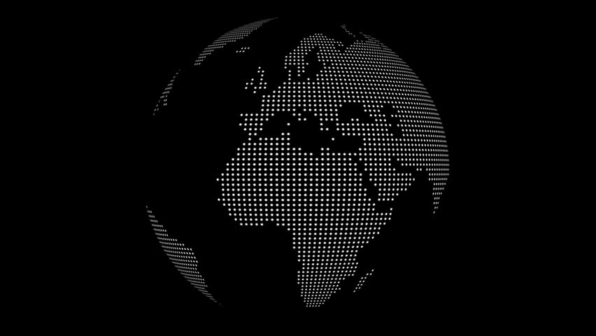 A futuristic illustration of a digital earth map made of white dots on a dark background with glowing blue neon lights and beams, surrounded by abstract technology elements
