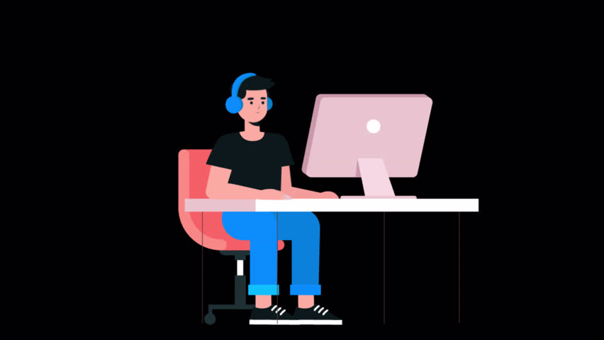Man Working In Office With Computer On Alpha Channel