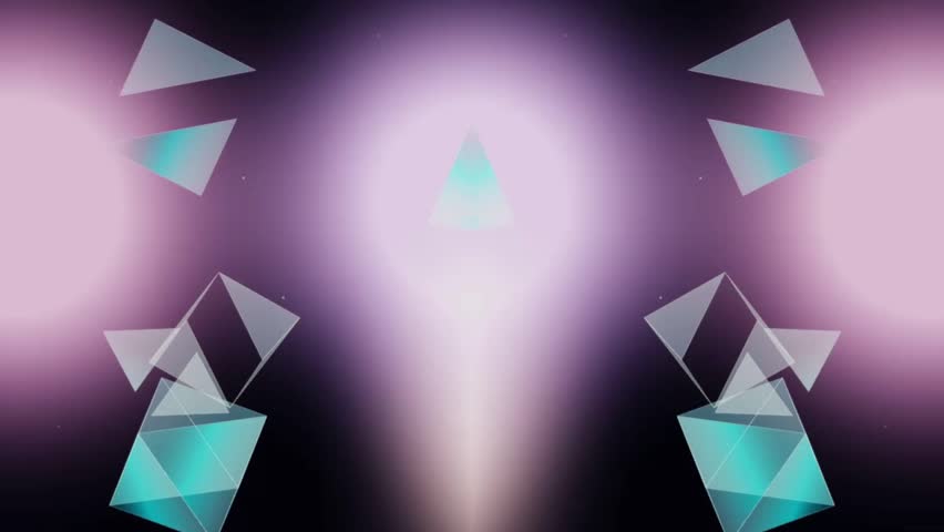 A symmetrical digital abstract with a futuristic and modern feel. In the center, there is a bright, purplish-white beam of light that resembles a lamp or energy pillar, with a small, glowing triangle within it.
