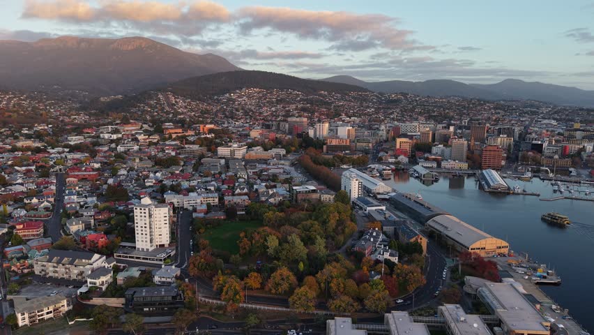 Sunrise above Hobart, Tasmania, Australia Aerial Drone 4K
