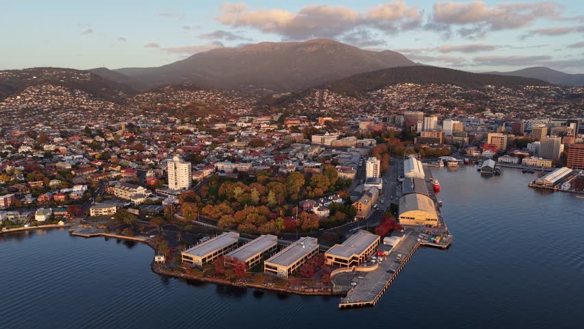 Sunrise above Hobart, Tasmania, Australia Aerial Drone 4K