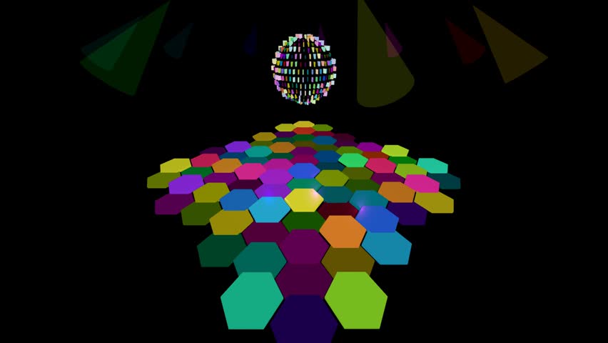 Futuristic rave visual "Disco Hive" with a rotating disco ball over a multi-colored floor of pulsing neon hexagons on a black background.