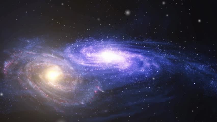 Cosmic 3D animation showing two spiral galaxies colliding amidst a starry deep space background