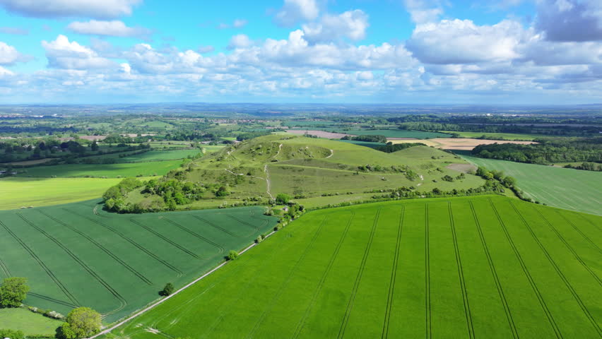 Aerial shot of Cley Hill in Wiltshire, UK