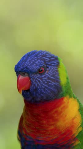 Close-up profile captures a colorful rainbow lorikeet parrot against a soft green blurred background