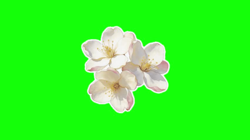 Cherry blossom flowers with motion on a green screen video overlay. It features a beautiful cluster of three white sakura blossoms with soft pink gradients, styled as a sticker cutout. Perfect for content creators and video editors to easily key out the background and add a romantic spring, nature aesthetic, or floral element to videos.
