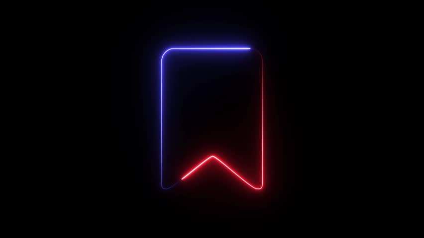 A stylized 3D bookmark icon featuring glowing neon red and blue lines against a dark background.