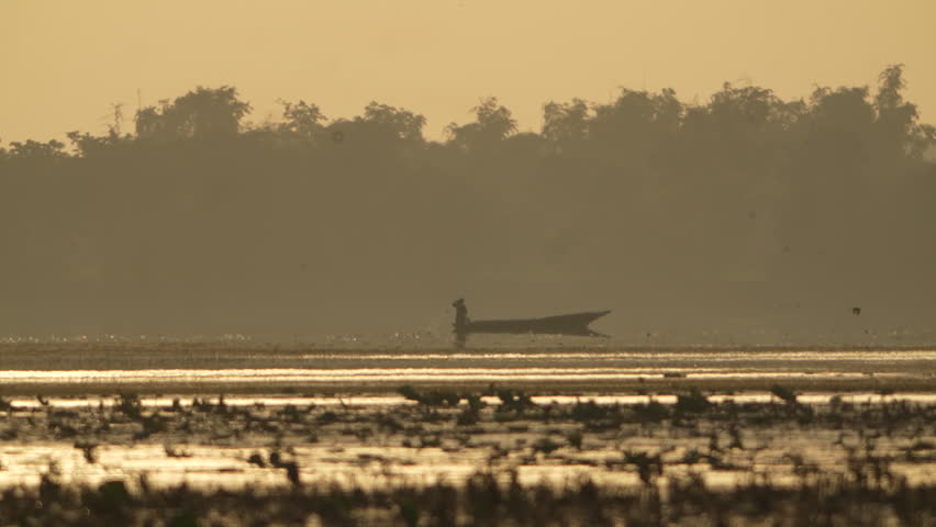 Silhouette boat on river at dawn with mist, calm water, forest landscape, horizon reflection, sunrise glow, and tranquil shore scene