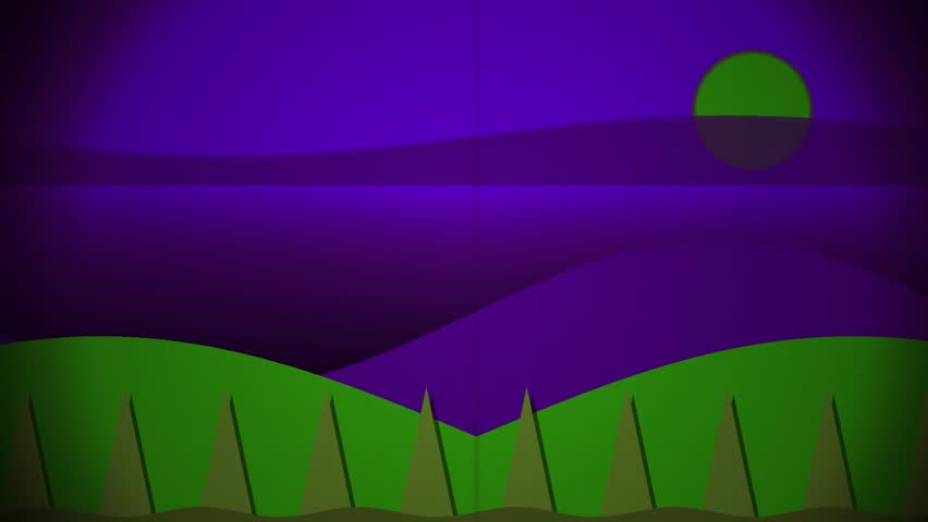 Stylized 2D animation of rolling green hills and pine trees under a dark purple night sky with a green moon.