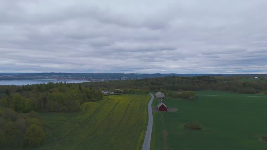 Aerial footage of vast green agricultural fields under a cloudy sky