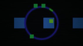 Abstract retro digital animation with geometric shapes and a scanning circle on a black screen, representing data processing and technology. - Powered by Shutterstock - Get 15% off with code: PIKWIZARD15