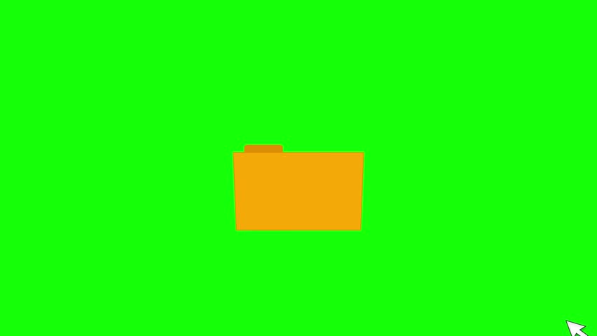 Green screen shows folder with cursor. Two icons sit above the folder. Icons represent data and files. Mouse pointer hovers over folder. Perfect for digital or tech themes