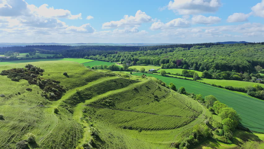 Aerial shot of Cley Hill in Wiltshire, UK