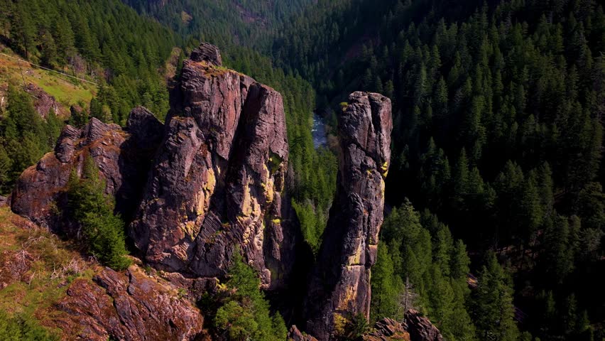 Massive Rock Pinnacles Above Umpqua River in Oregon Forest