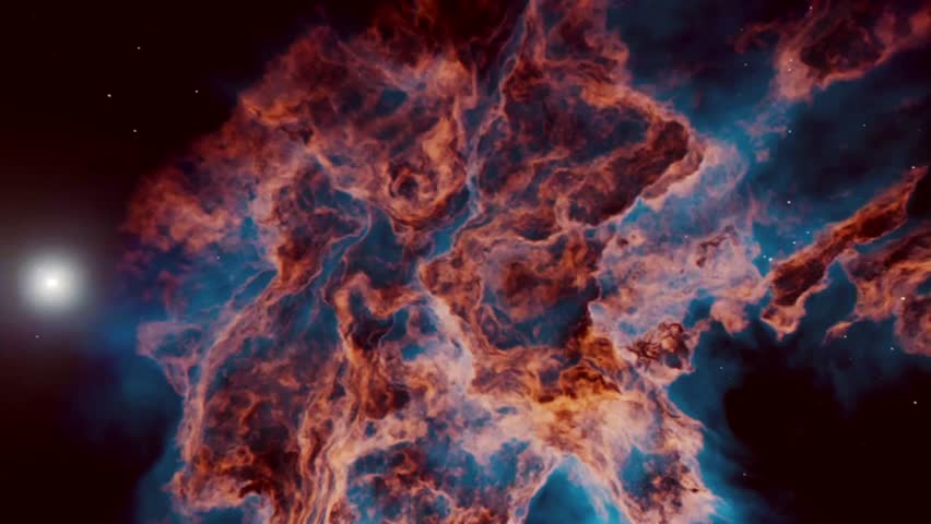 A stunning cosmic sight, revealing the highly detailed structure of a nebula, or supernova remnant, in space. This cloud of interstellar gas and dust is dominated by a warm orange-brown hue contrasted with a cool, light blue at its edges.