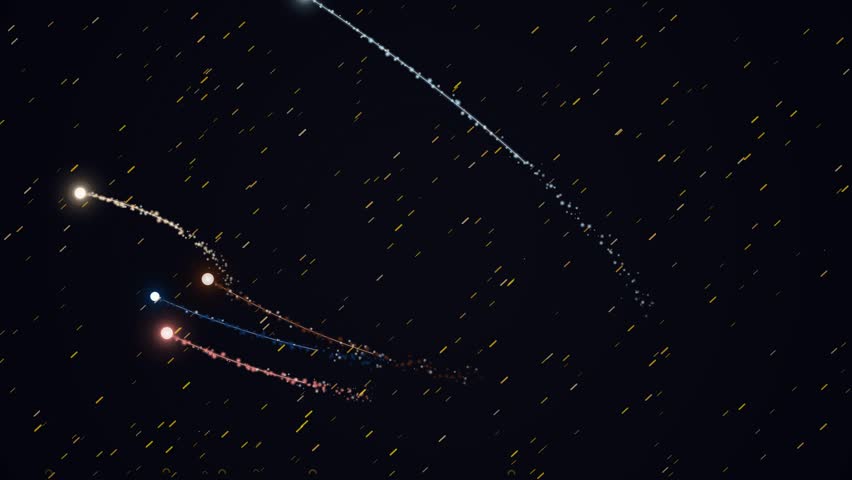 A dark night sky filled with tiny stars and streaks of light from falling stars or fireworks.