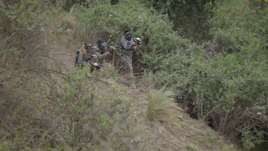 Three uniformed paintball soldiers are keeping a low profile and observing while one of them fires; the other two talk and retreat. All three are uniformed, armed with paintball guns, and surrounded by wild bushes.