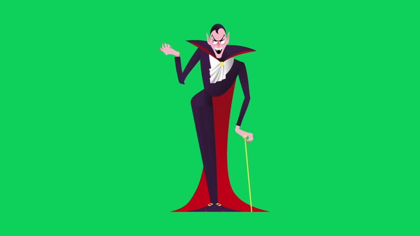 a cartoon vampire character in a black suit and red cape poses with a cane on a green background