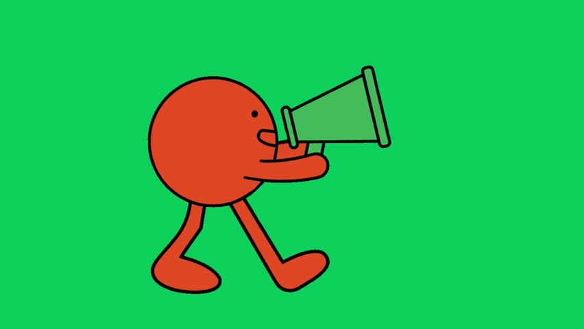 A cartoon character is depicted walking while holding a megaphone, set against a green background. The character is shown in