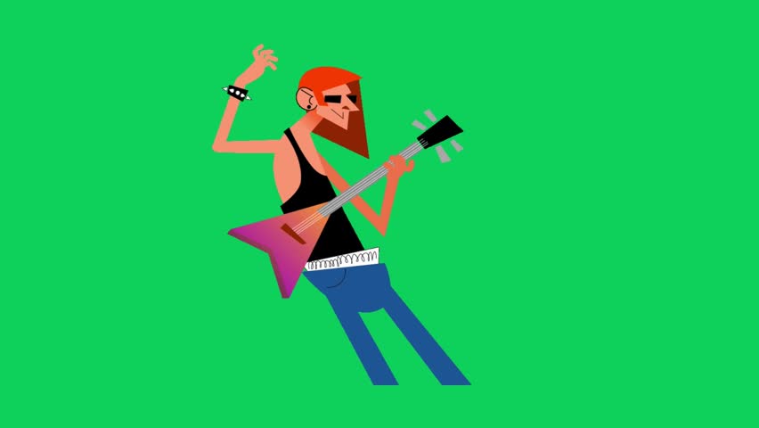 A colorful vector illustration of a cartoon rock guitarist playing a guitar on a bright green background.
