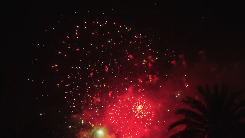 Bright Fireworks Explosion Over Palm Trees Silhouette Spain Festival Celebration Night Sky Slow Motion Pyrotechnic Show Summer Holiday