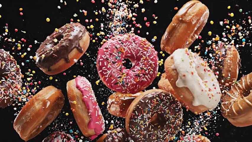 Colorful Glazed Donuts Falling In Slow Motion With Sprinkles Cinematic Dessert Food Advertisement Video On Black Background