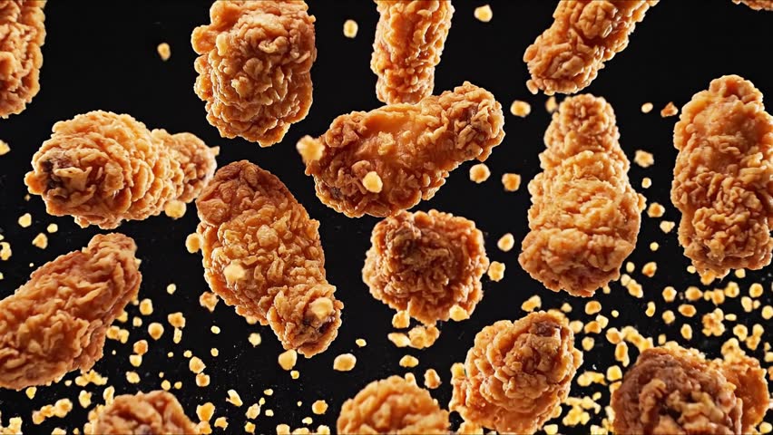 Crispy Fried Chicken Drumsticks Falling In Slow Motion Isolated On Black Background Cinematic Fast Food Advertisement Video