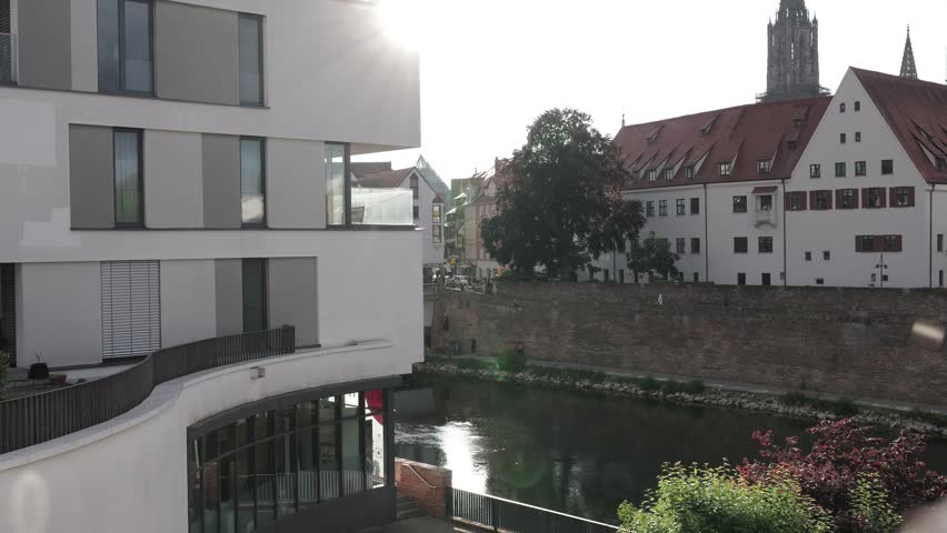 Spring-like views of the old town of Ulm, filmed from the Neu-Ulm side of the Danube 