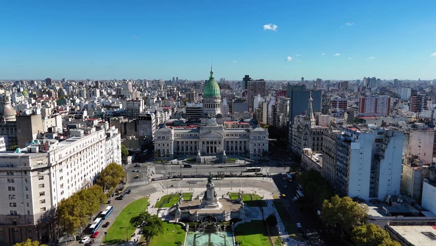 Aerial view of the Palace of the Argentine National Congress in Buenos Aires on a sunny day