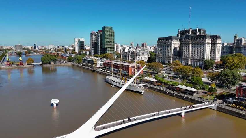 Aerial view of people crossing Puente de la Mujer over the Rio de la Plata in Buenos Aires