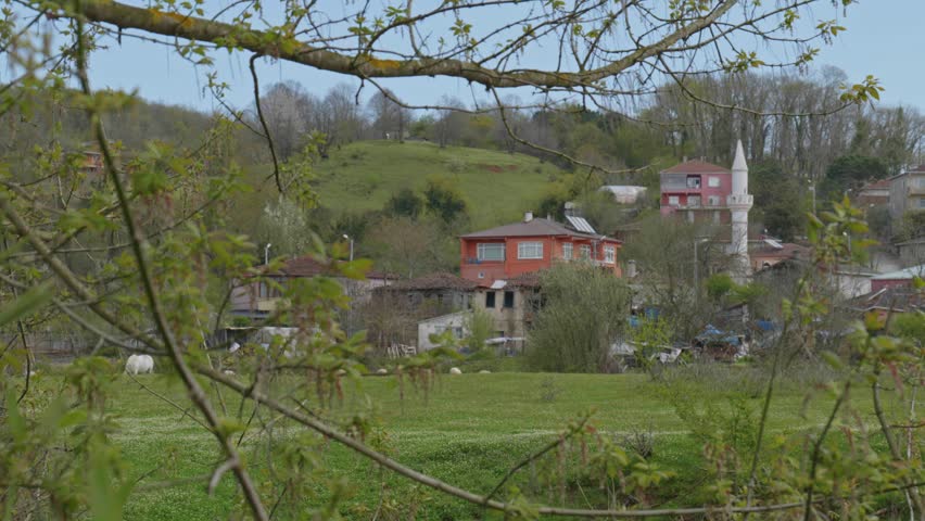 Mosque Minaret and Houses in Traditional Turkish Village with Green Nature