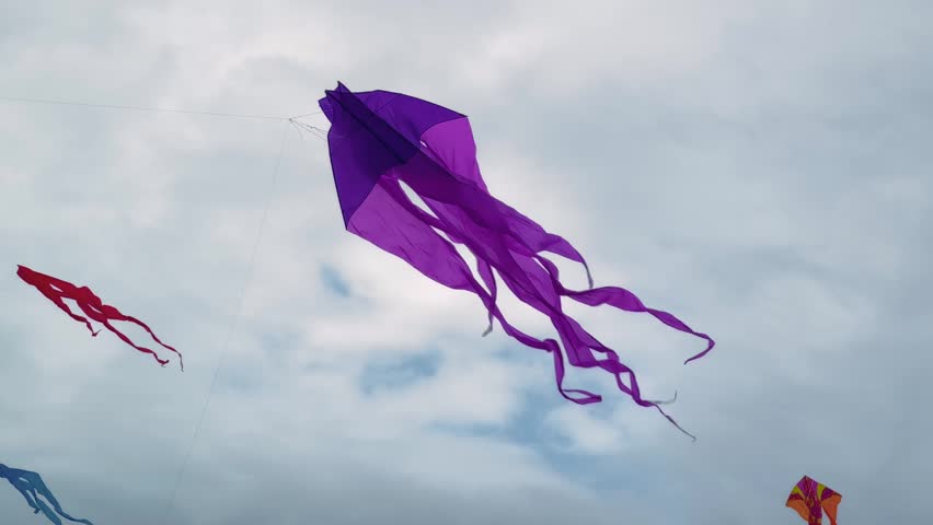 Close up view: different colorful kites are flying in the cloudy sky and swaying in the wind during summer outdoor festival. Childhood, freedom and leisure time concept